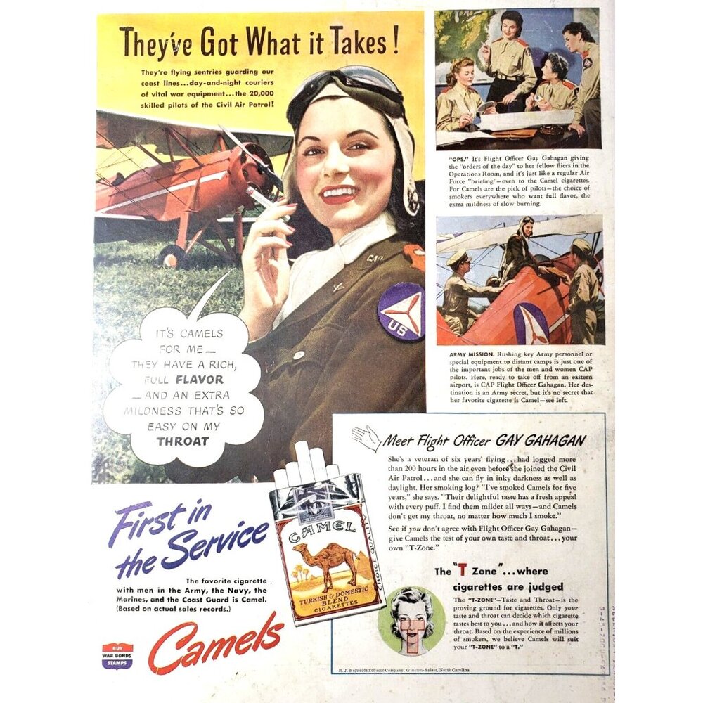 PRINT AD 1943 Camel Cigarettes WWII Gay Gahagan Flight Officer Civil Air Patrol